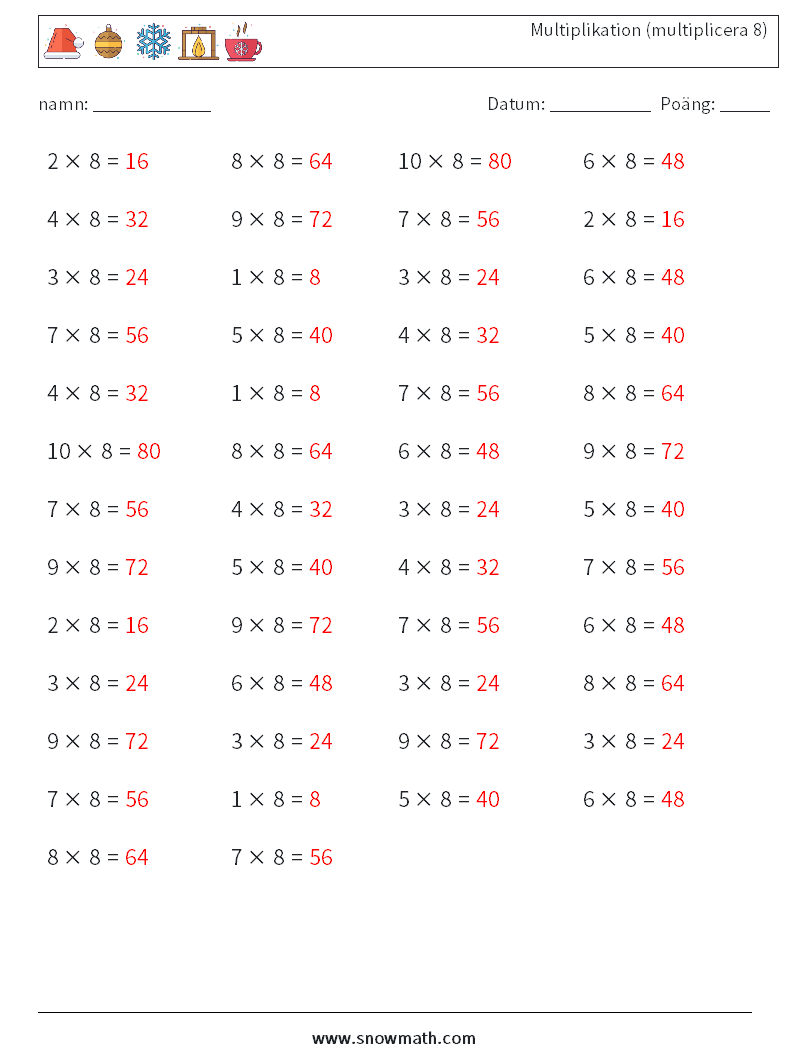 (50) Multiplikation (multiplicera 8) Matematiska arbetsblad 6 Fråga, svar