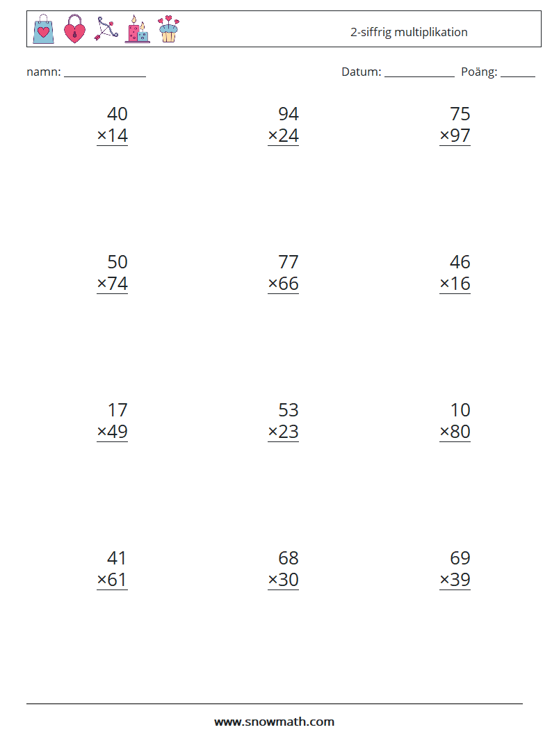 (12) 2-siffrig multiplikation Matematiska arbetsblad 1