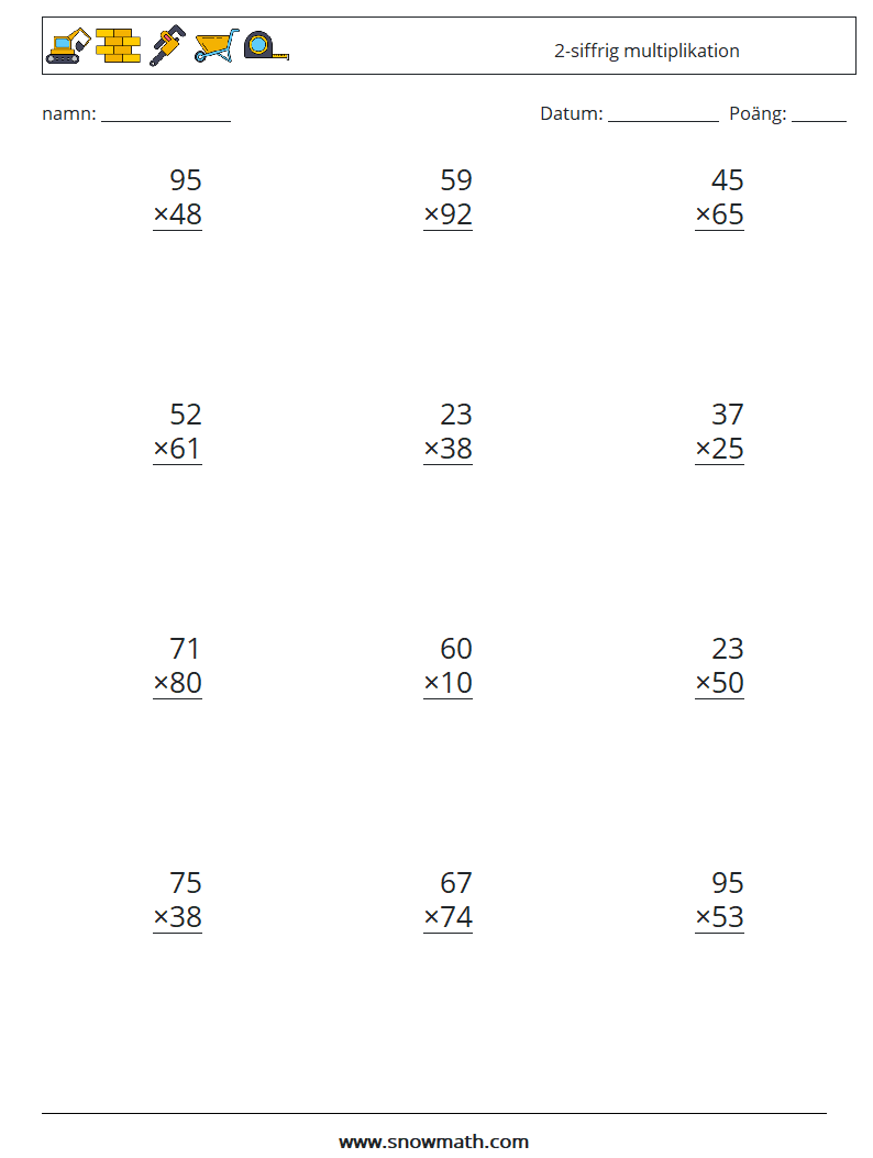 (12) 2-siffrig multiplikation Matematiska arbetsblad 10