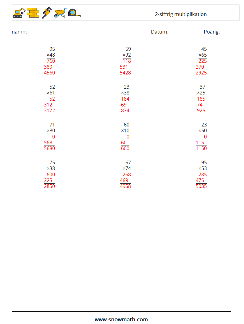 (12) 2-siffrig multiplikation Matematiska arbetsblad 10 Fråga, svar