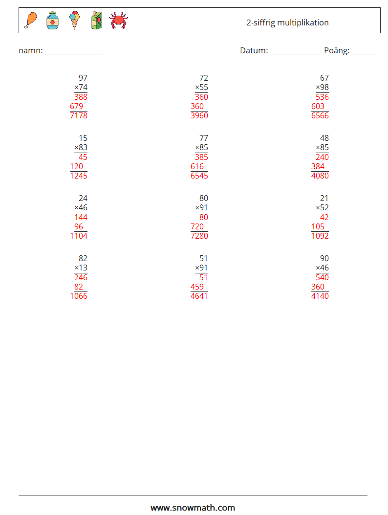 (12) 2-siffrig multiplikation Matematiska arbetsblad 11 Fråga, svar