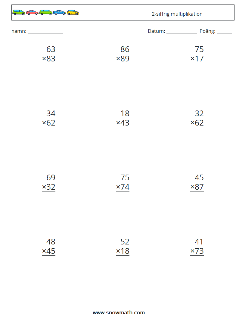 (12) 2-siffrig multiplikation Matematiska arbetsblad 12