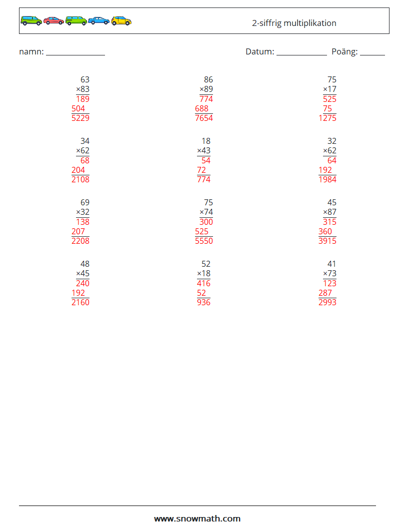 (12) 2-siffrig multiplikation Matematiska arbetsblad 12 Fråga, svar