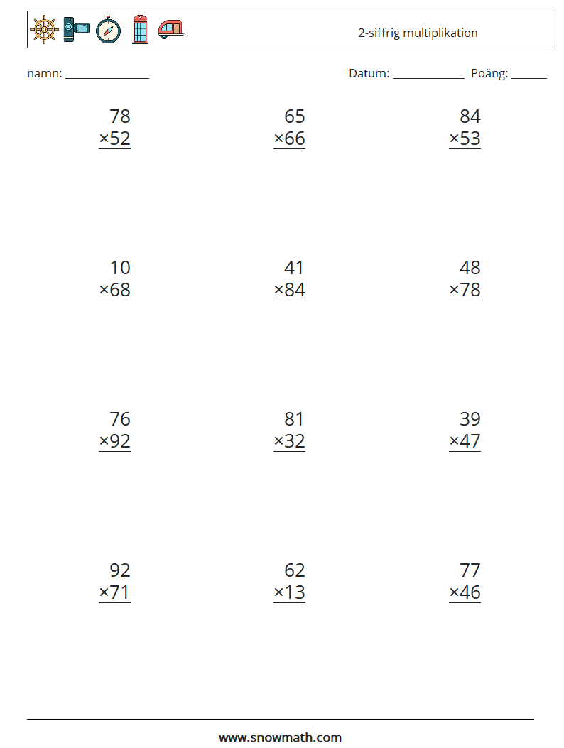 (12) 2-siffrig multiplikation Matematiska arbetsblad 13