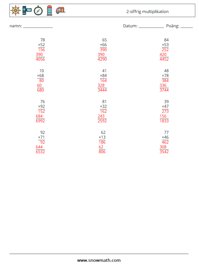 (12) 2-siffrig multiplikation Matematiska arbetsblad 13 Fråga, svar