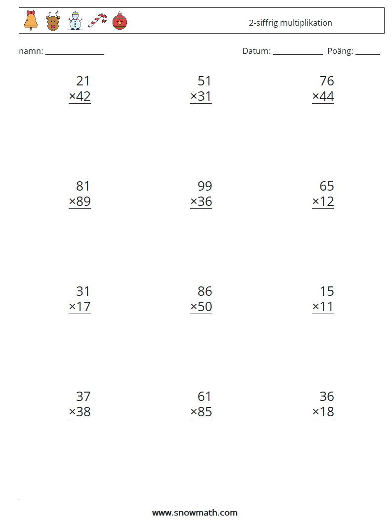 (12) 2-siffrig multiplikation Matematiska arbetsblad 14