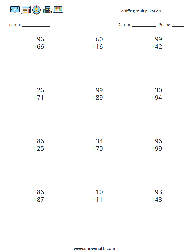 (12) 2-siffrig multiplikation Matematiska arbetsblad 15