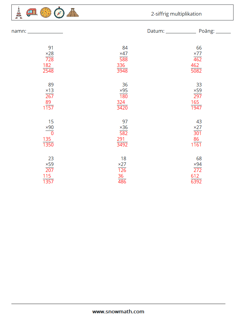 (12) 2-siffrig multiplikation Matematiska arbetsblad 16 Fråga, svar