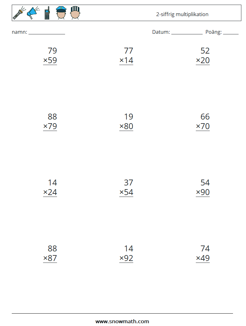(12) 2-siffrig multiplikation Matematiska arbetsblad 17