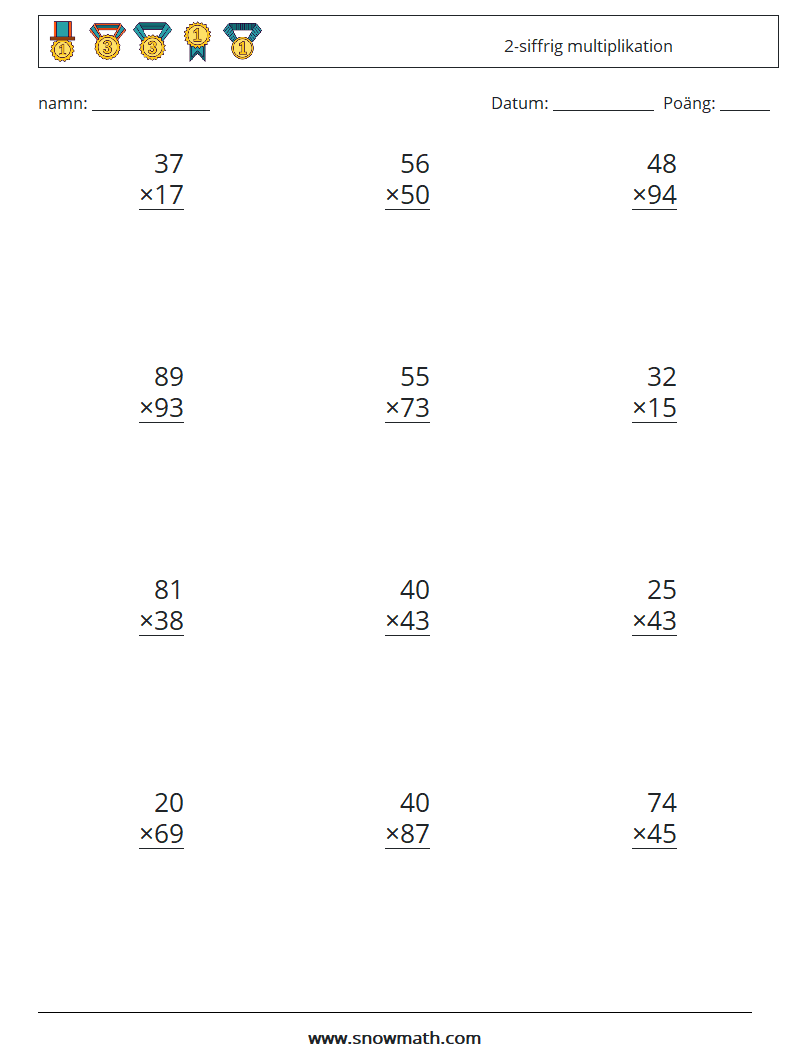 (12) 2-siffrig multiplikation Matematiska arbetsblad 18