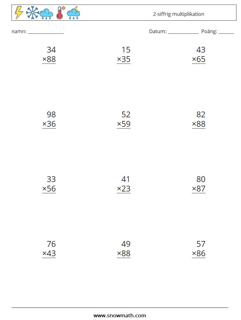 (12) 2-siffrig multiplikation Matematiska arbetsblad 5