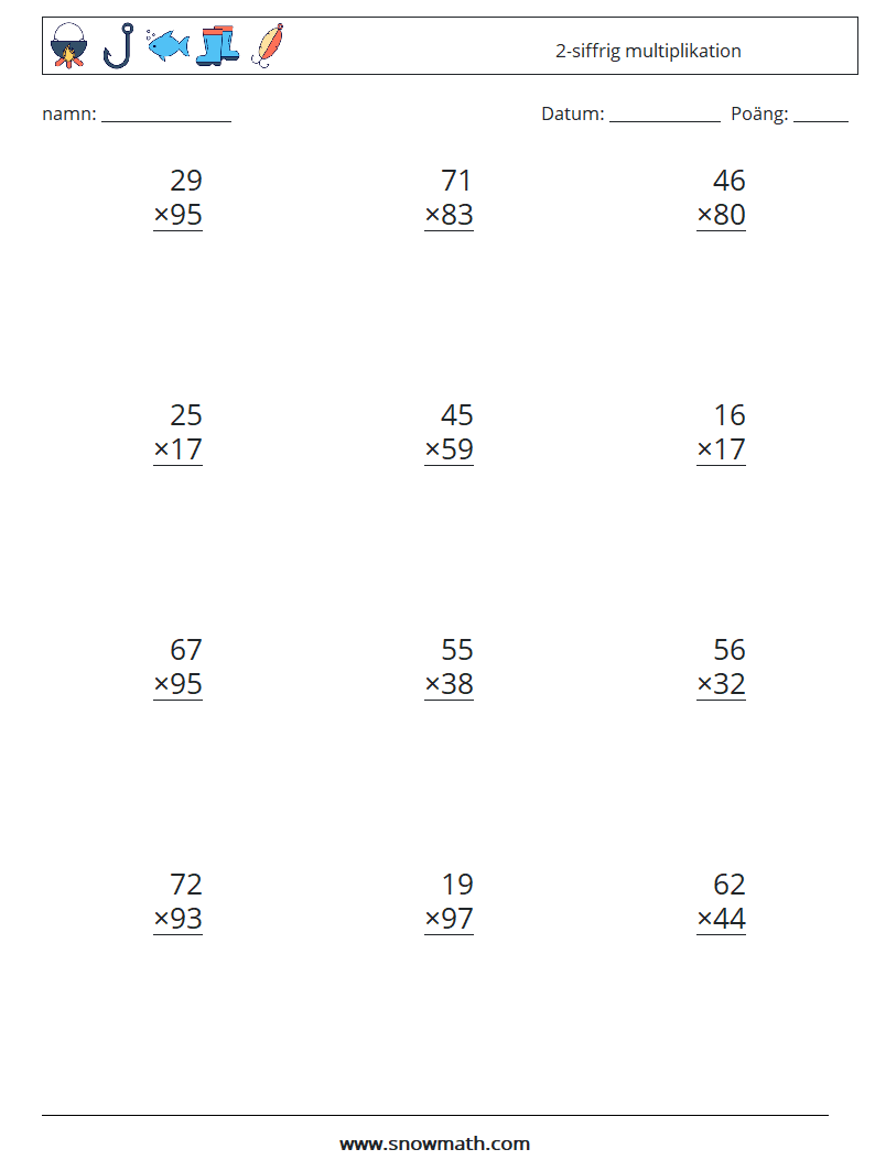(12) 2-siffrig multiplikation Matematiska arbetsblad 6