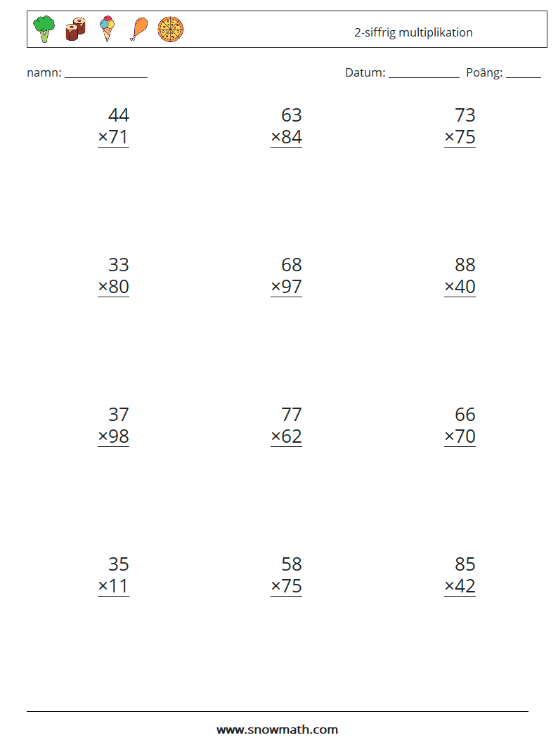 (12) 2-siffrig multiplikation Matematiska arbetsblad 8