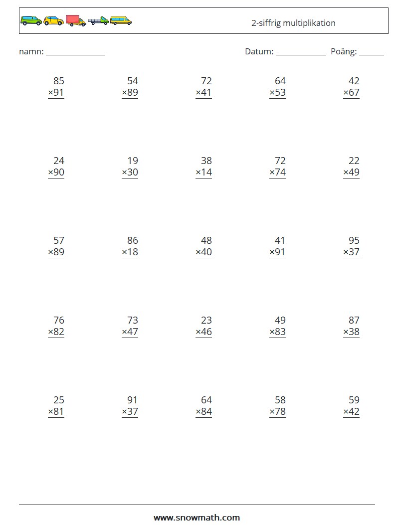 (25) 2-siffrig multiplikation Matematiska arbetsblad 1