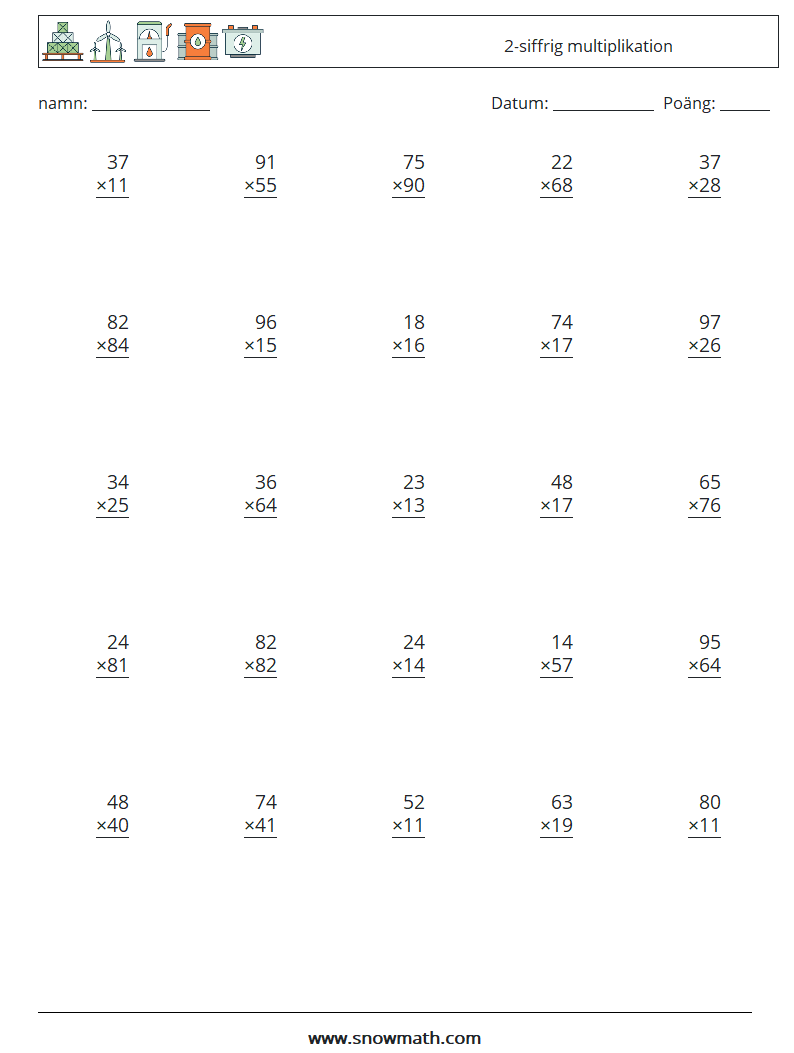 (25) 2-siffrig multiplikation Matematiska arbetsblad 4
