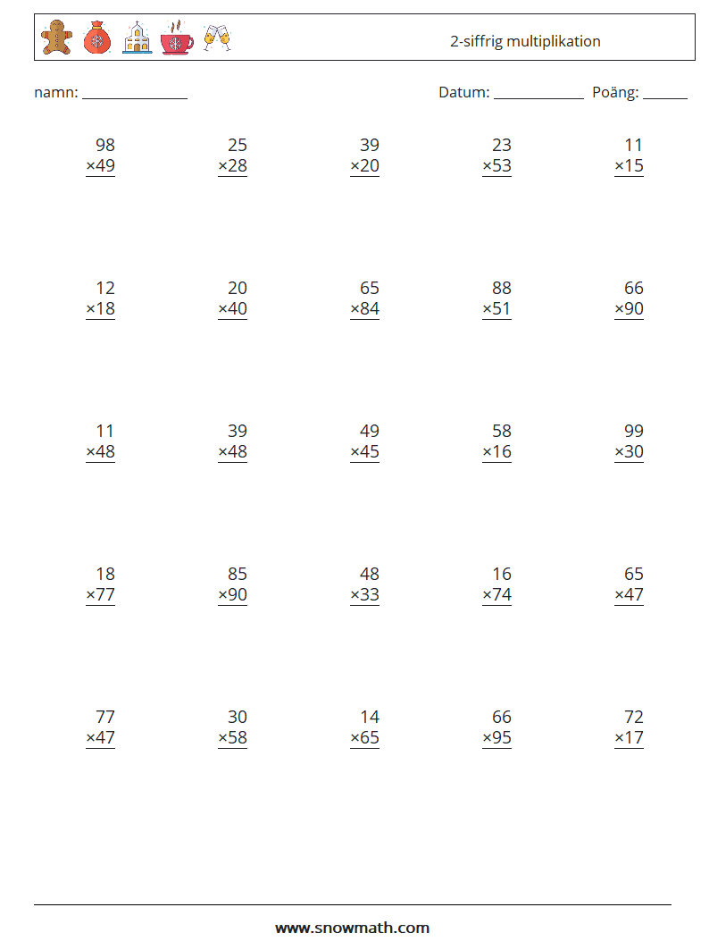 (25) 2-siffrig multiplikation Matematiska arbetsblad 9