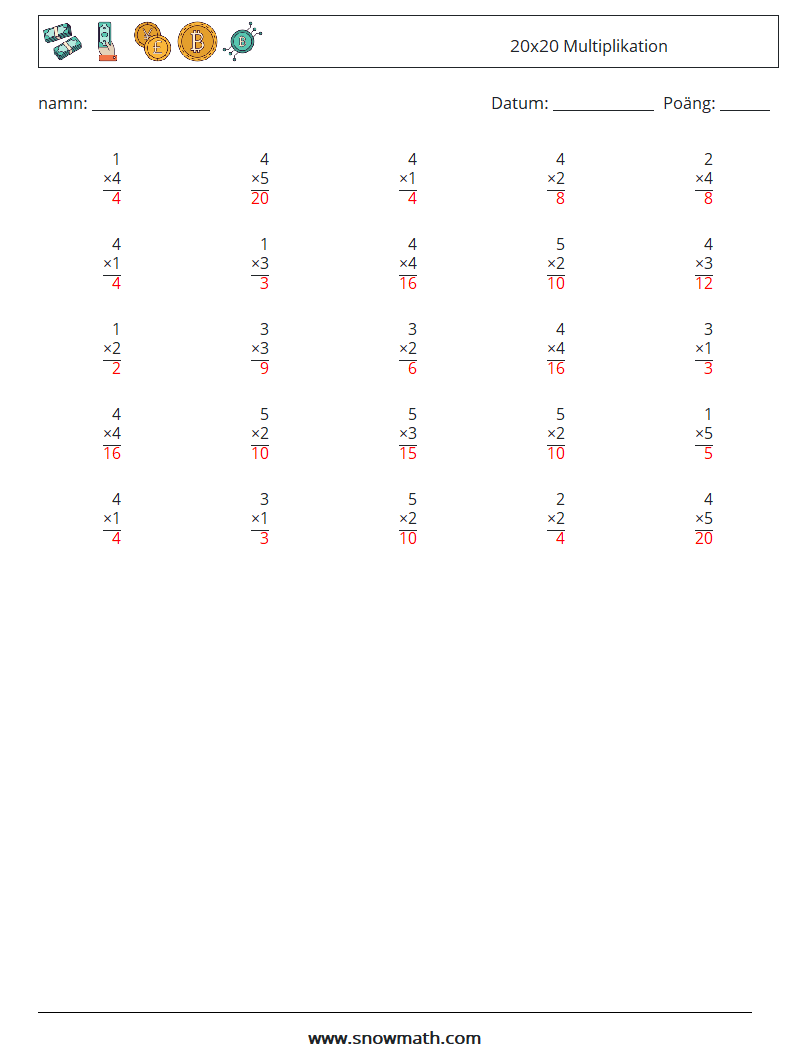 (25) 20x20 Multiplikation Matematiska arbetsblad 11 Fråga, svar