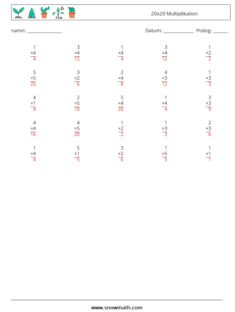 (25) 20x20 Multiplikation Matematiska arbetsblad 14 Fråga, svar