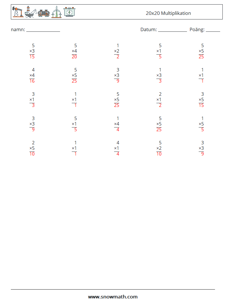 (25) 20x20 Multiplikation Matematiska arbetsblad 15 Fråga, svar