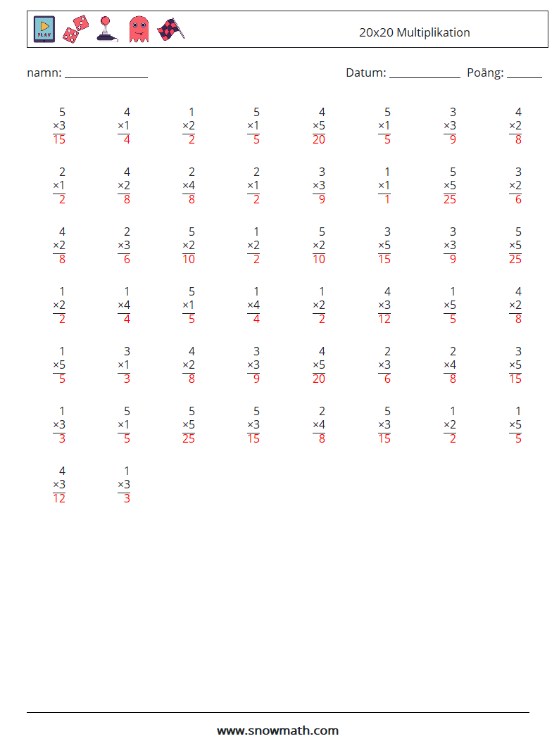 (50) 20x20 Multiplikation Matematiska arbetsblad 10 Fråga, svar