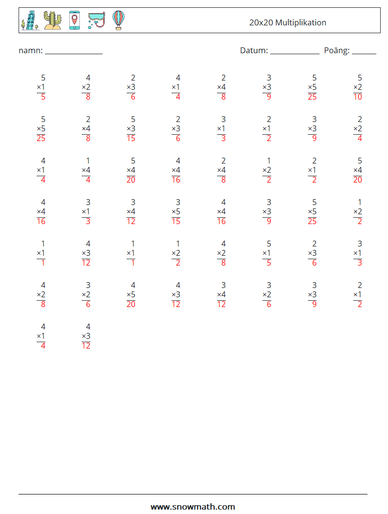 (50) 20x20 Multiplikation Matematiska arbetsblad 12 Fråga, svar