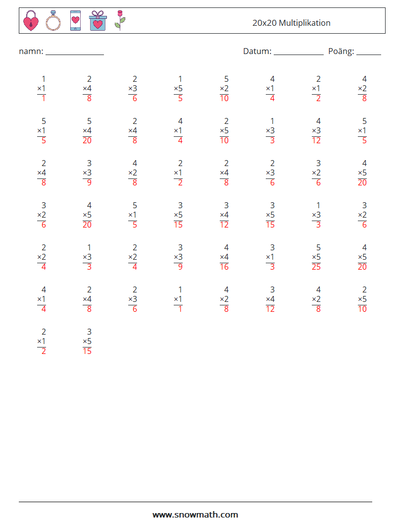 (50) 20x20 Multiplikation Matematiska arbetsblad 13 Fråga, svar