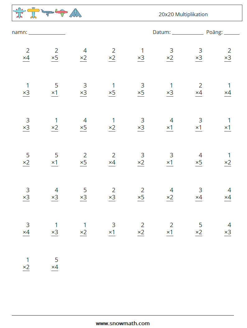 (50) 20x20 Multiplikation Matematiska arbetsblad 16