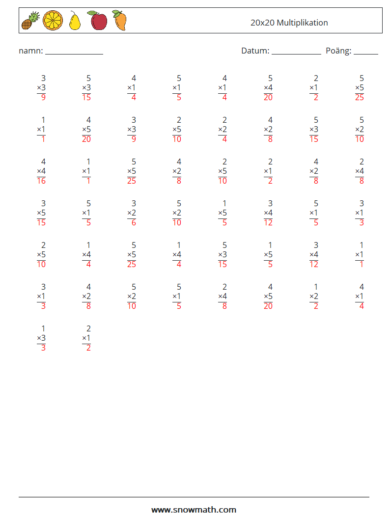 (50) 20x20 Multiplikation Matematiska arbetsblad 17 Fråga, svar