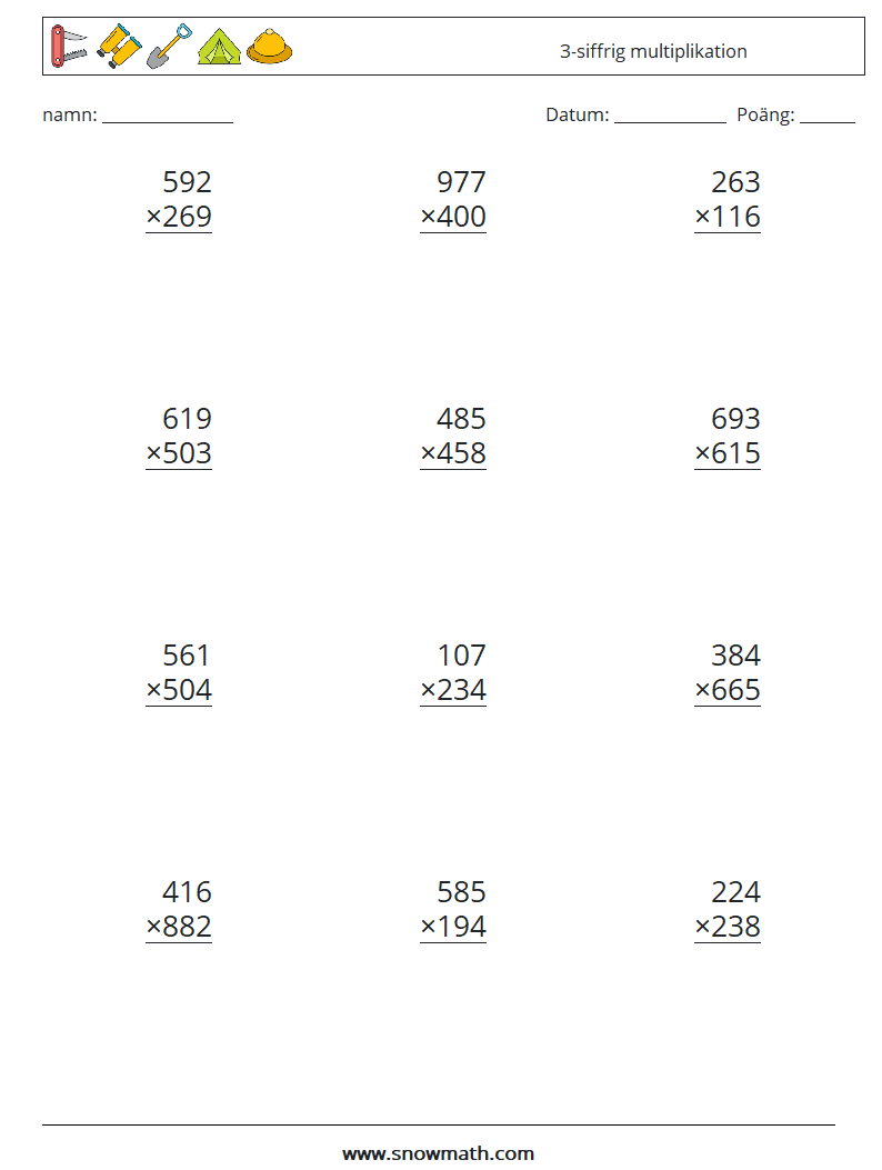 (12) 3-siffrig multiplikation Matematiska arbetsblad 1