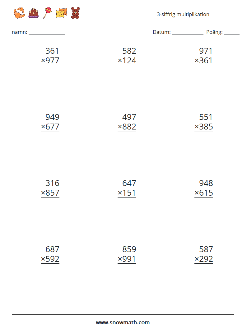 (12) 3-siffrig multiplikation Matematiska arbetsblad 10
