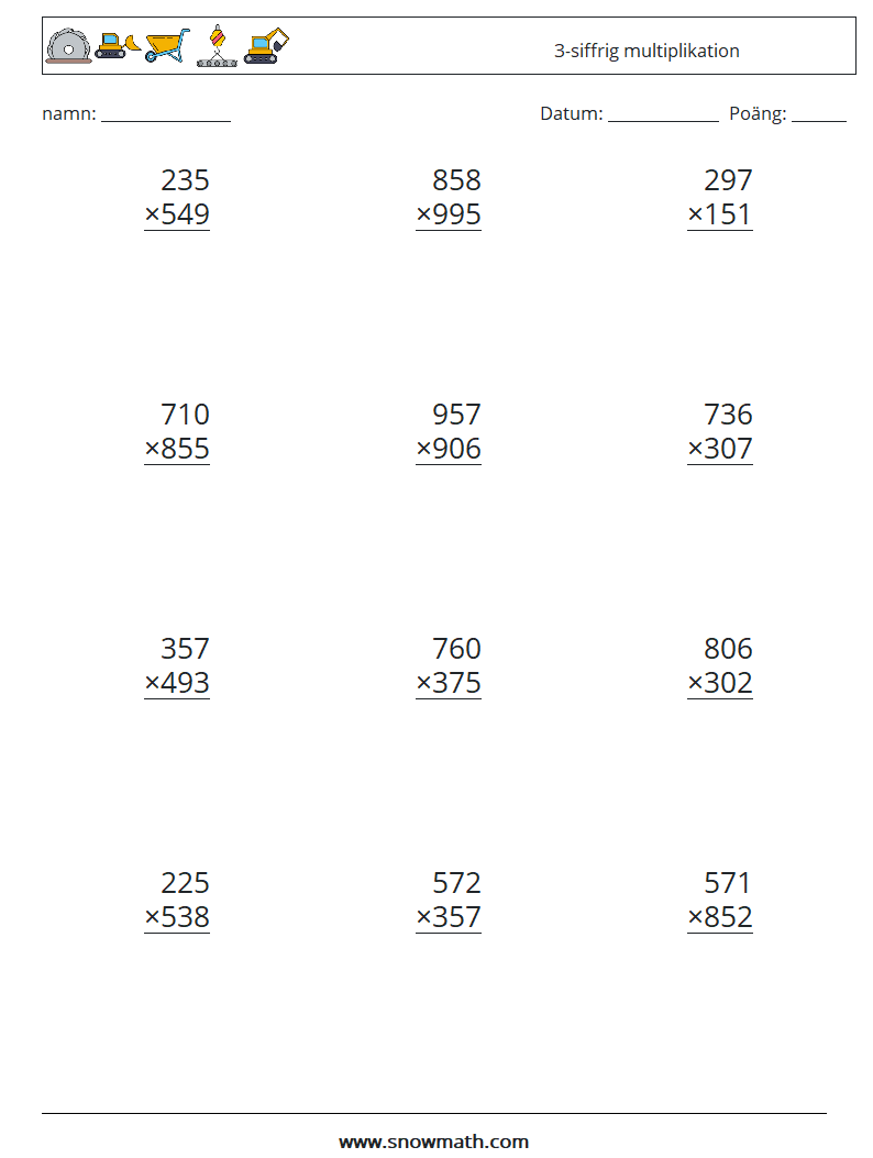 (12) 3-siffrig multiplikation Matematiska arbetsblad 11