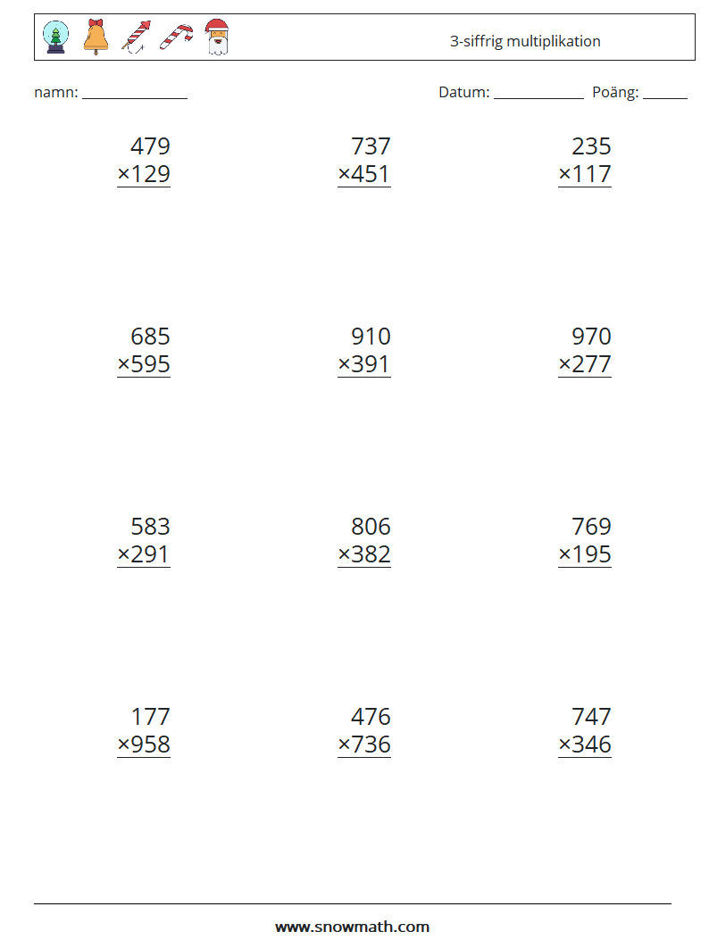 (12) 3-siffrig multiplikation Matematiska arbetsblad 12