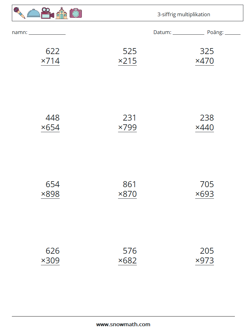 (12) 3-siffrig multiplikation Matematiska arbetsblad 13