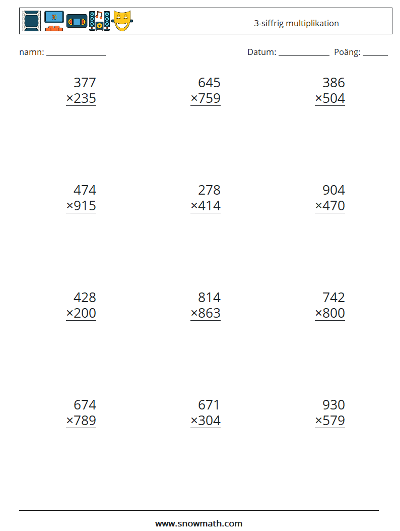 (12) 3-siffrig multiplikation Matematiska arbetsblad 14
