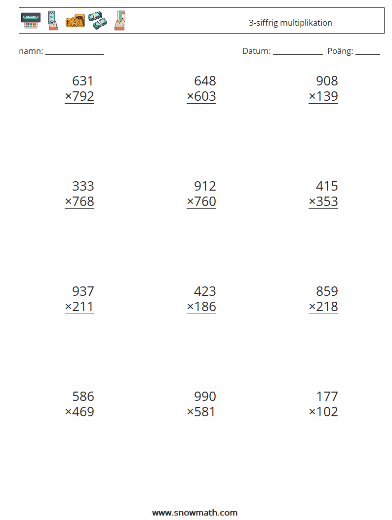 (12) 3-siffrig multiplikation Matematiska arbetsblad 17