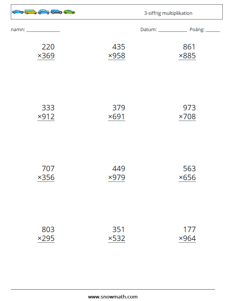 (12) 3-siffrig multiplikation Matematiska arbetsblad 18