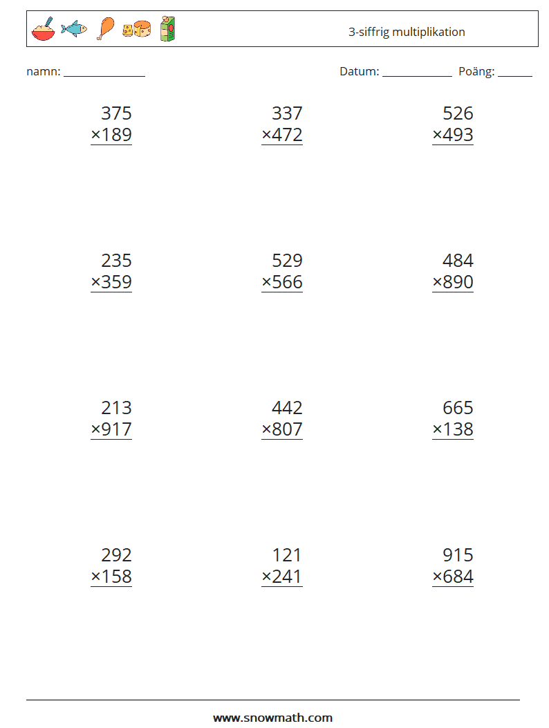 (12) 3-siffrig multiplikation Matematiska arbetsblad 2