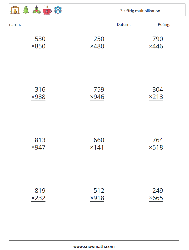 (12) 3-siffrig multiplikation Matematiska arbetsblad 4