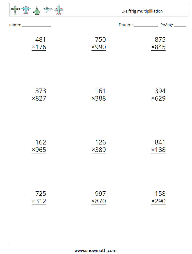 (12) 3-siffrig multiplikation Matematiska arbetsblad 6