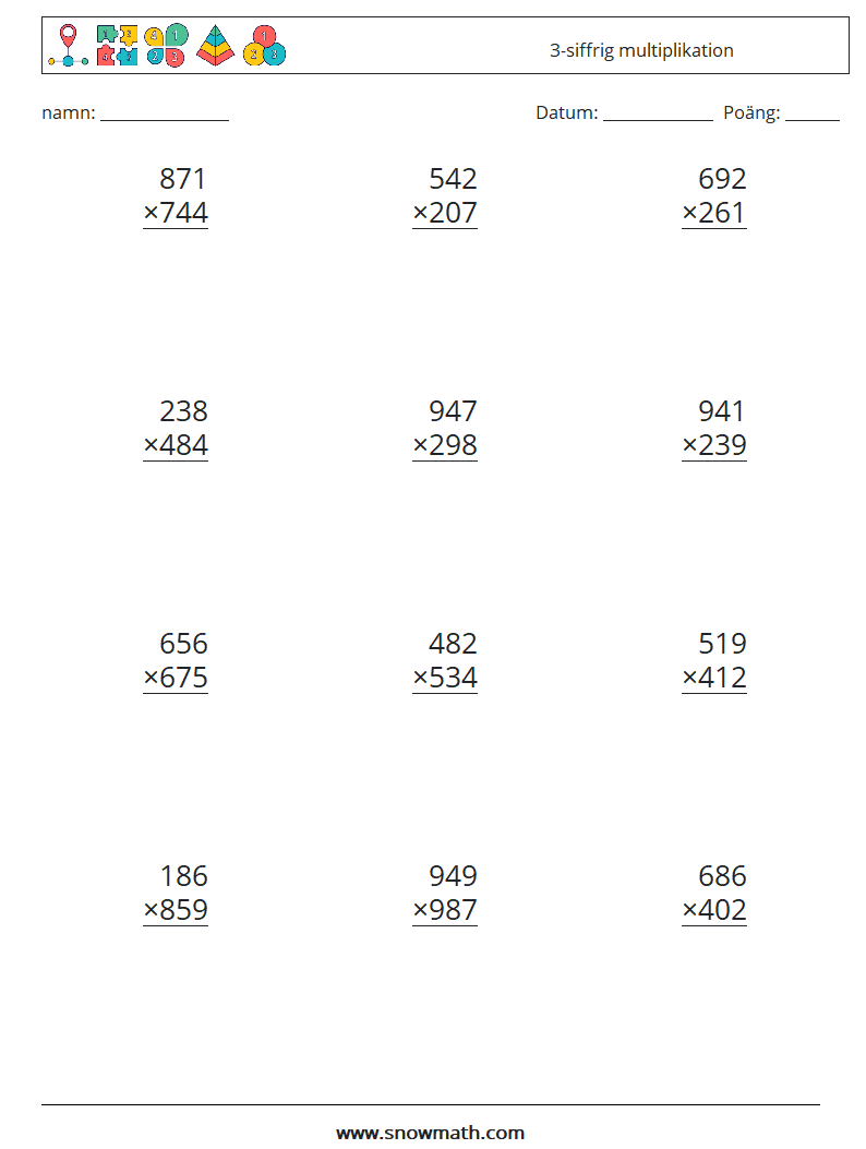(12) 3-siffrig multiplikation Matematiska arbetsblad 8