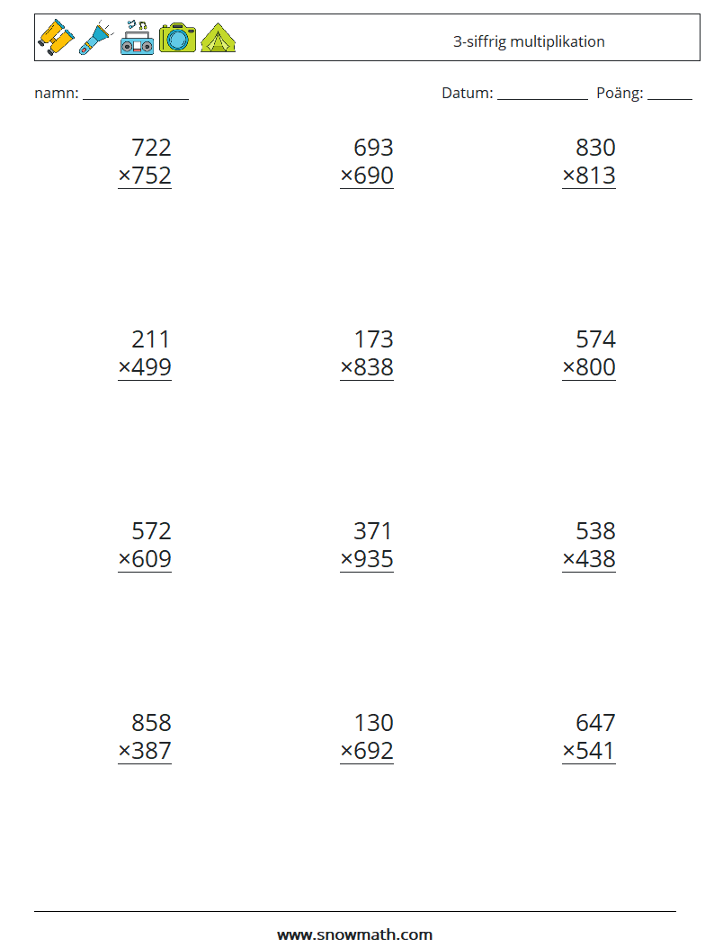 (12) 3-siffrig multiplikation Matematiska arbetsblad 9