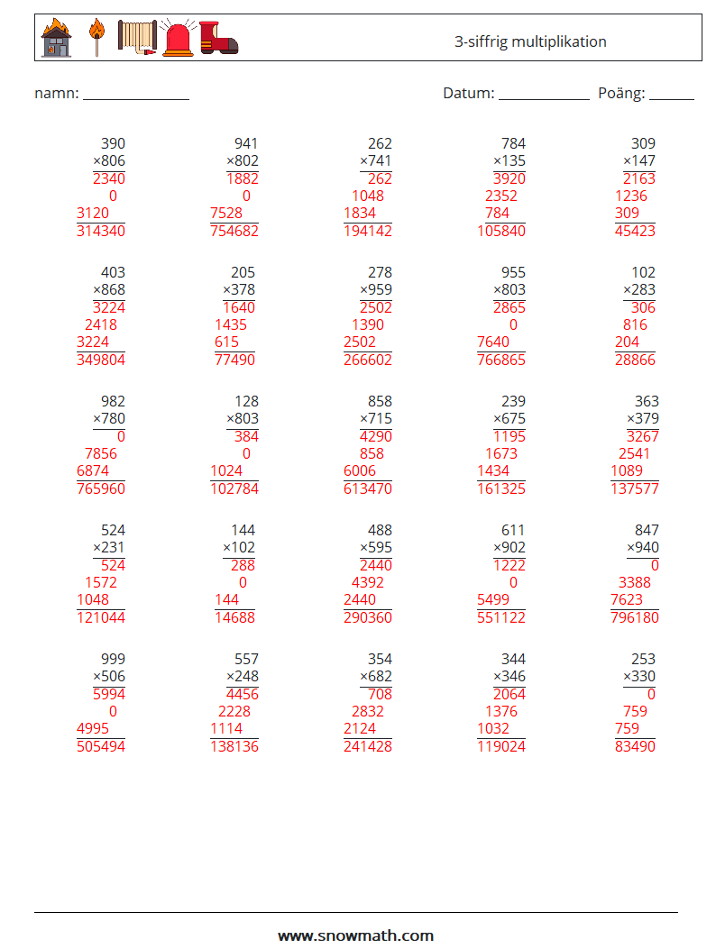 (25) 3-siffrig multiplikation Matematiska arbetsblad 11 Fråga, svar