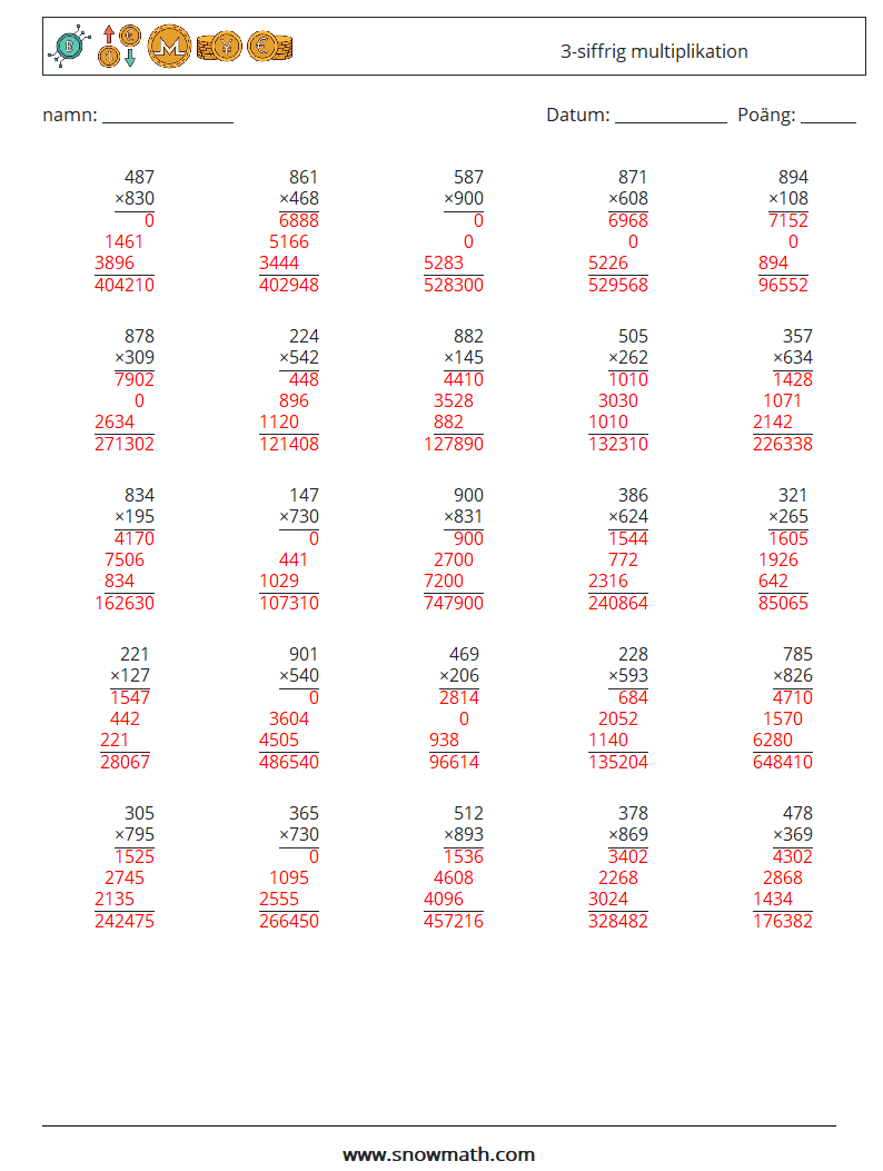 (25) 3-siffrig multiplikation Matematiska arbetsblad 12 Fråga, svar