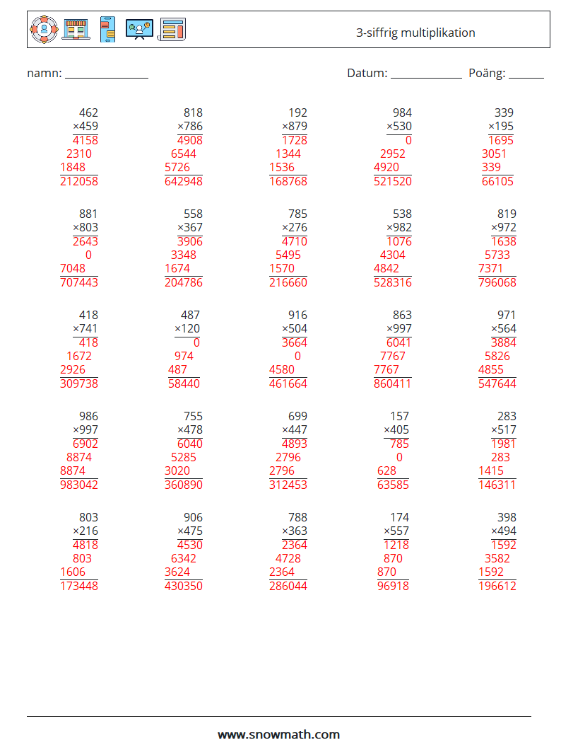 (25) 3-siffrig multiplikation Matematiska arbetsblad 13 Fråga, svar