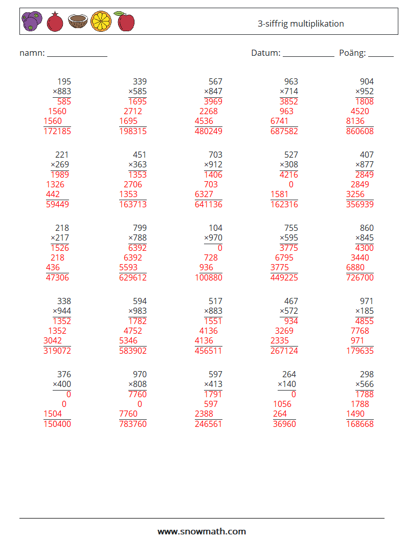 (25) 3-siffrig multiplikation Matematiska arbetsblad 15 Fråga, svar