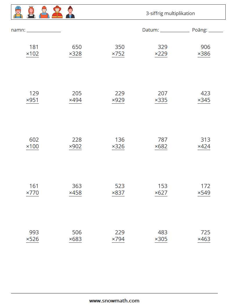 (25) 3-siffrig multiplikation Matematiska arbetsblad 16