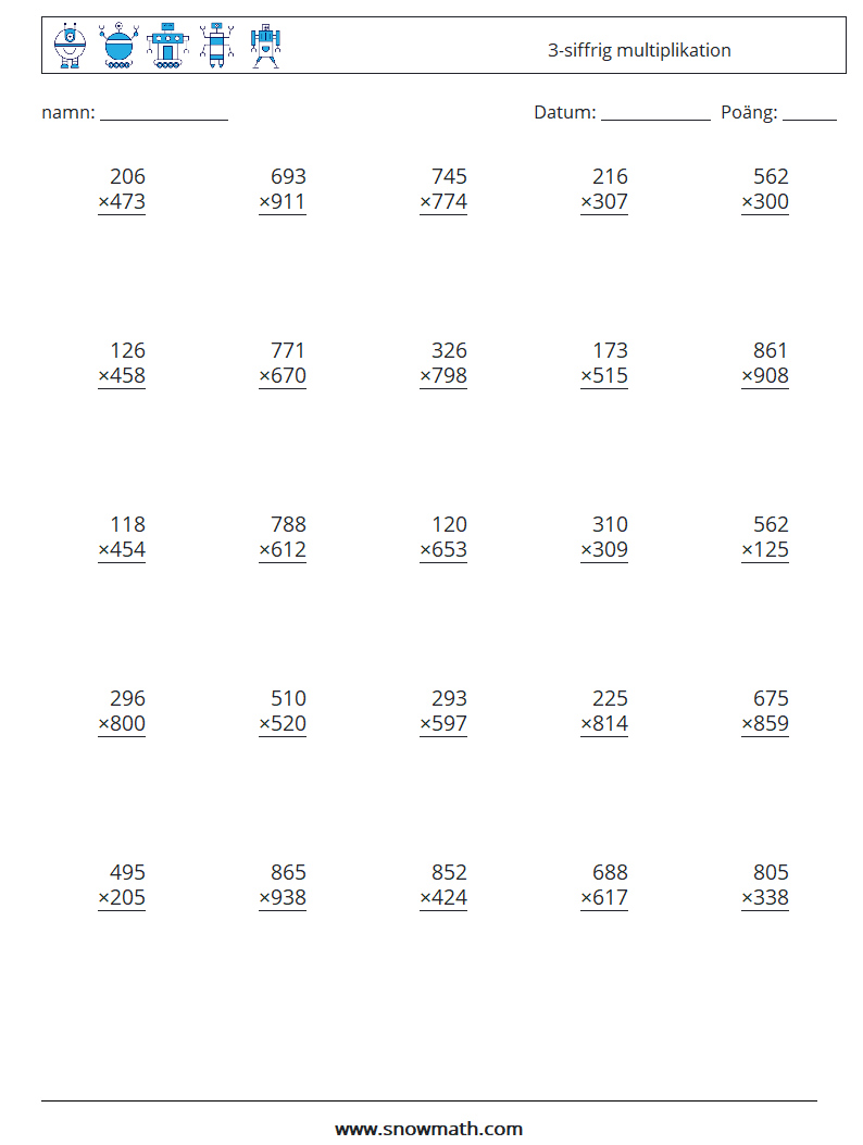 (25) 3-siffrig multiplikation Matematiska arbetsblad 17