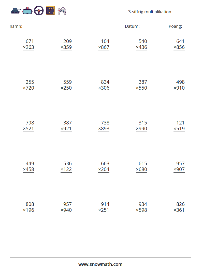 (25) 3-siffrig multiplikation Matematiska arbetsblad 18