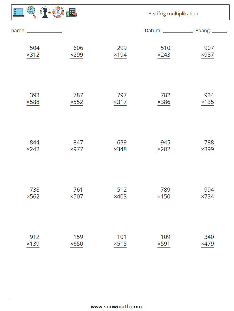 (25) 3-siffrig multiplikation Matematiska arbetsblad 3