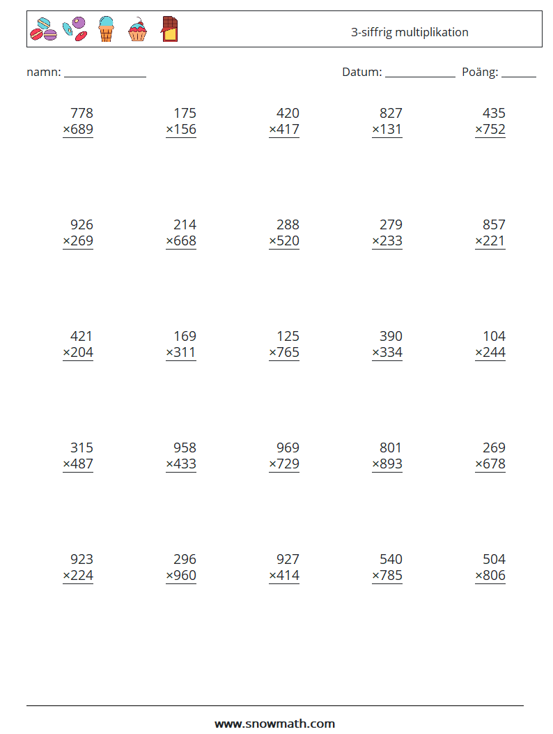 (25) 3-siffrig multiplikation Matematiska arbetsblad 4